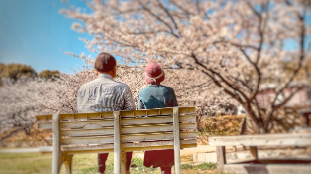 桜を眺める高齢夫婦の後ろ姿「 親が元気なうちに 」